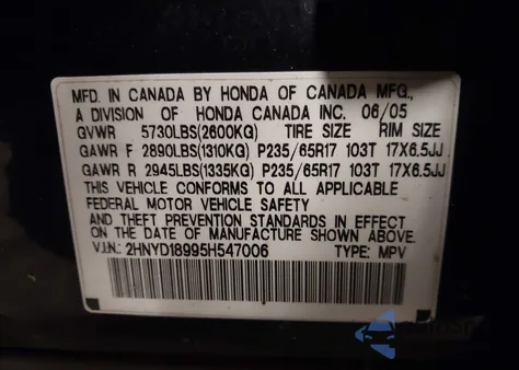 2005 Acura Mdx z USA, uszkodzony, nr VIN 2HNYD18995H547006